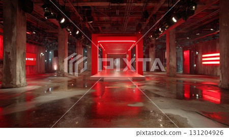 Modern Coral Studio Backdrop with Graphic Elements and Lighting 131204926