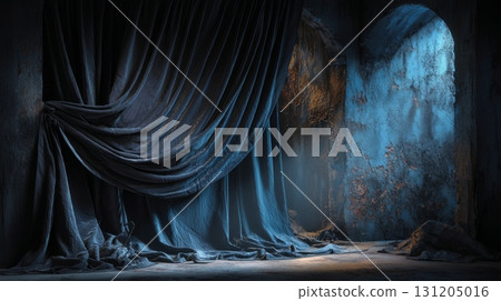 Moody Studio Backdrop Featuring Black Velvet Drapery and Textured Walls 131205016