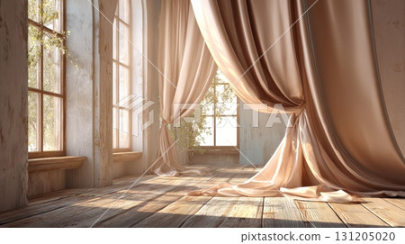 Soft Beige Curtains in Studio with Light and Natural Backdrop 131205020