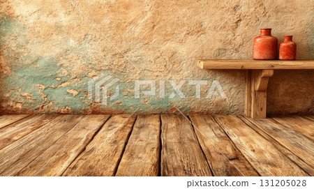 Textured Canvas Backdrop with Rustic Wooden Floor and Vases Textured Canvas Backdrop with Rustic Wooden Floor and Vases 131205028