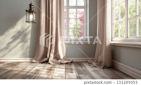 Soft Beige Studio Backdrop with Natural Light and Elegant Curtains 131205055