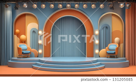 Vibrant Coral Studio Backdrop with Graphic Elements and Chairs 131205085