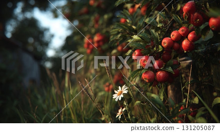 Lush Orchard with Ripe Red Fruit and Wildflowers in Countryside Setting 131205087