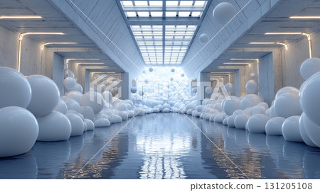 Serene Interior Space with Glossy Floating Spheres and Reflective Water 131205108