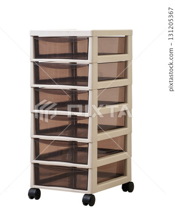 Plastic storage drawer unit with six semi-transparent brown drawers and beige frame isolated on white background 131205367