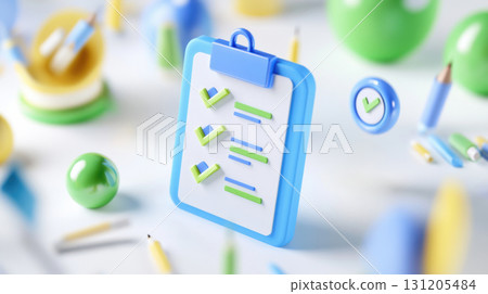 Isometric 3d rendering of floating checklist with geometric icons in pastel blue and green. Survey research answer checklist 131205484