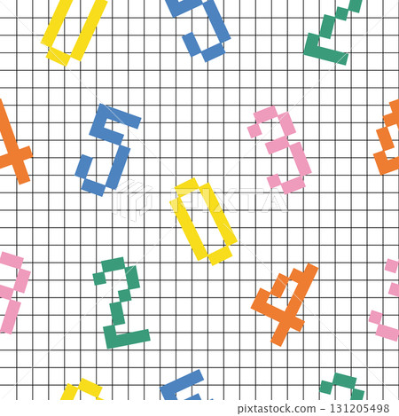 Colorful pixelated numbers on checked paper background. Seamless vector pattern. 131205498