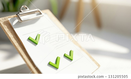 Minimalistic composition with floating clipboard displaying simple survey form and bright green checkmarks. Survey research answer checklist 131205505