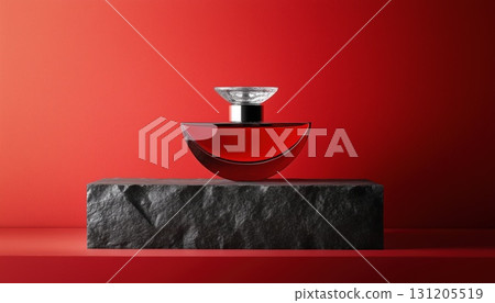 Luxury And Modern Aesthetics Showcased By Sleek Perfume Bottle On Black Stone Stand Against 131205519