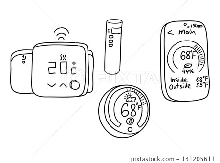 Smart home thermostat interface icons in black and white line art style Smart home thermostat interface icons in black and white line art style 131205611