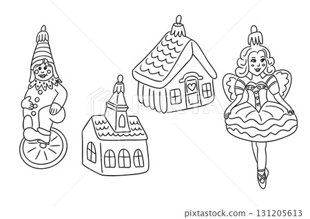 Hand drawn vintage Christmas ornaments including fairy, clown and house shapes 131205613
