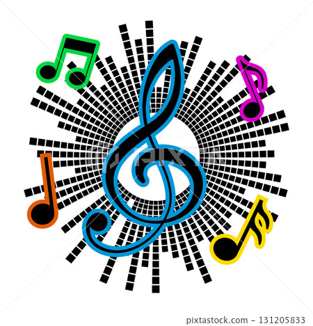 Colorful Music Notes and Treble Clef on Abstract Equalizer Background. Vector Illustration. Perfect for themes related to music, audio, concerts, parties, festivals. Colorful Music Notes and Treble Clef on Abstract Equalizer Background. Vector Illustration. Perfect for themes related to music, audio, concerts, parties, festivals. 131205833