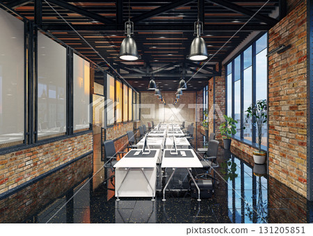 Modern industrial loft office interior with empty workstations. Contemporary open-plan workplace with brick walls and steel beams. 3D rendering of a corporate business environment. 131205851