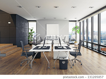 Modern office interior with empty workstations. Contemporary corporate workspace with computers and a city view. 3D rendering. 131205857