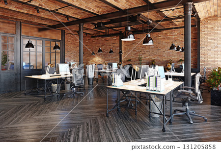 Modern industrial office interior with an open-plan workspace. Loft style design with exposed brick walls and dark wood floors. Contemporary workplace concept. 3D rendering. 131205858