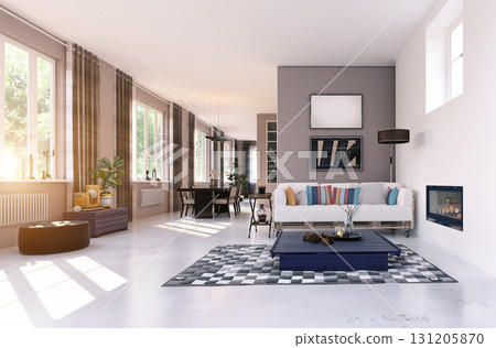 Spacious open-plan living room with modern eclectic decor. Sunlit home interior with a dining area and fireplace. 3D rendering with a blank frame mockup. 131205870