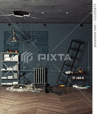 A destroyed room interior with a large hole in the ceiling. Aftermath of an accident or home renovation disaster. Industrial loft apartment in a state of chaos and disrepair. A destroyed room interior with a large hole in the ceiling. Aftermath of an accident or home renovation disaster. Industrial loft apartment in a state of chaos and disrepair. 131205873
