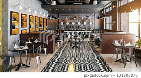 Modern industrial style restaurant and bar interior. Empty dining room with chic furniture and set tables. Hospitality architecture concept as a 3D rendering. 131205876