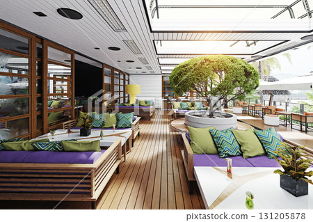 3D rendering of a modern restaurant terrace with colorful furniture. Outdoor lounge at a luxury tropical resort. Hospitality and architectural visualization. 3D rendering of a modern restaurant terrace with colorful furniture. Outdoor lounge at a luxury tropical resort. Hospitality and architectural visualization. 131205878
