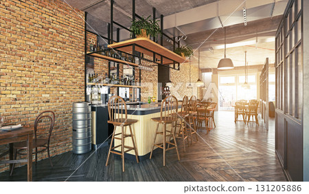 Empty restaurant bar interior with an industrial loft design. Modern pub with exposed brick walls and wooden furniture. 3D rendering. 131205886