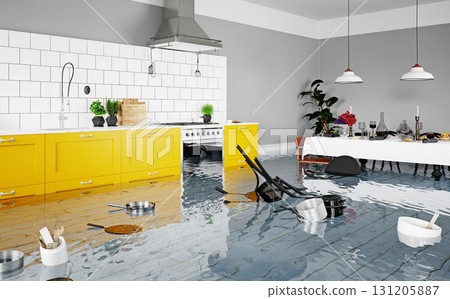 Chaos in a flooded modern kitchen after a home disaster. Water damage and insurance claim concept. 3D rendering. 131205887