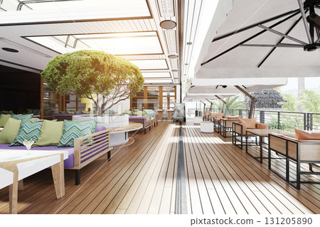 Modern outdoor restaurant terrace with stylish furniture. Contemporary patio design for a luxury hotel in summer. Architectural visualization and 3D rendering. 131205890