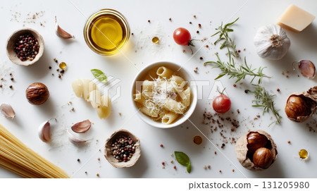 Variety of pasta and spices 131205980