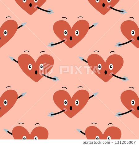 A heart pierced by an arrow of love on a pink background. Vector seamless pattern with hearts. Endless Valentine's Day background, festive design, and fabric. A heart pierced by an arrow of love on a pink background. Vector seamless pattern with hearts. Endless Valentine's Day background, festive design, and fabric. 131206007
