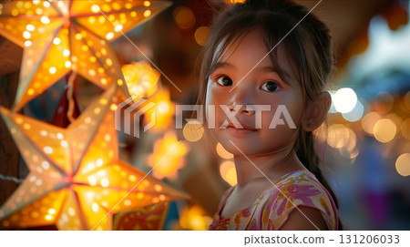 A young girl standing beside decorative glowing stars, capturing the essence of wonder and childhood joy. 131206033