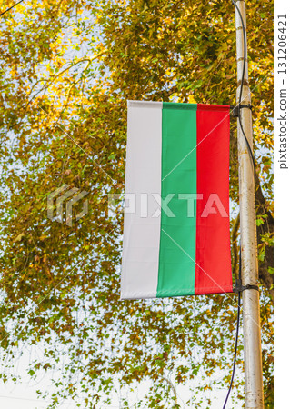 Bulgarian flag waving on pole with autumn leaves and warm sunlight in background. Concept of Bulgaria, patriotism and national identity Bulgarian flag waving on pole with autumn leaves and warm sunlight in background. Concept of Bulgaria, patriotism and national identity 131206421