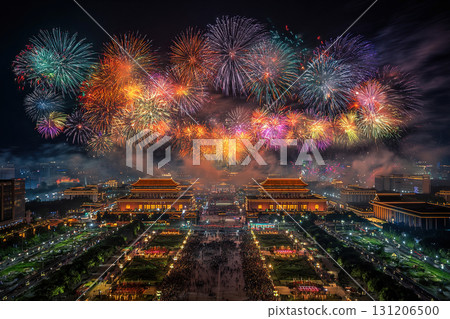 Colorful fireworks. Fireworks display over Chinese city to celebrate independence. China celebrates Independence Day or New Year. 131206500