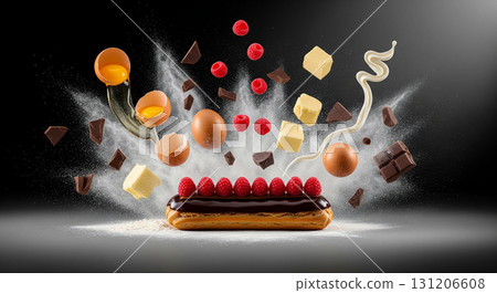 A beautifully presented French eclair is surrounded by flying ingredients like eggs, chocolate, and butter, showcasing a playful and creative culinary presentation. 131206608