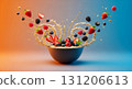 A colorful bowl of oatmeal is surrounded by an artistic display of fresh fruits. Strawberries, blueberries, and blackberries are flying around, creating an enticing scene. 131206613