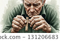 An elderly man with shaking hands carefully grips a small wooden cross, lost in deep thought and reflection. His expression shows sadness and reverence in this quiet moment. 131206683