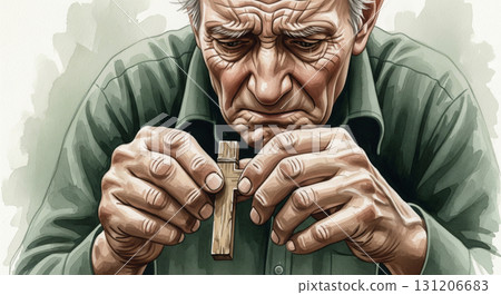 An elderly man with shaking hands carefully grips a small wooden cross, lost in deep thought and reflection. His expression shows sadness and reverence in this quiet moment. 131206683