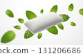 A clean white bar of chewing gum floats in the air, surrounded by fresh mint leaves and sparkling sugar crystals that burst outwards, creating a lively and refreshing effect. 131206686