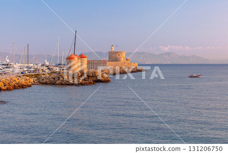 Windmills and Fort Saint Nicholas in Rhodes Greece Windmills and Fort Saint Nicholas in Rhodes Greece 131206750