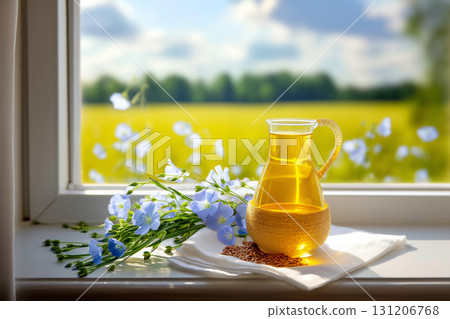 Flaxseed Oil and Flowers on a Windowsill with a Field View. 131206768