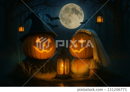 Spooky and Romantic Pumpkin-Headed Figures in a Forest. 131206771