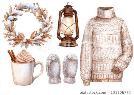Winter hygge watercolor set with sweater mittens cocoa and lantern 131206773