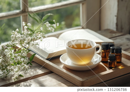 Cup of herbal tea with essential oils and open book on wooden tray Cup of herbal tea with essential oils and open book on wooden tray 131206786