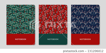 Notebook cover set with elegant autumn floral seamless pattern. Autumn vines with red berries on dark green background. Ideal for stationery, planners, branding. Flat vector illustration. 131206812
