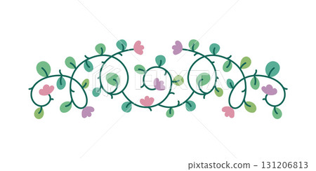 Elegant floral ornamental border with curling leaves and delicate flowers in soft colors. Perfect for wedding invitation, card, packaging. Vector outline illustration for versatile use. 131206813
