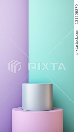 Minimalistic setup showcases a smooth, metallic product atop softly colored pedestals against vibrant pastel walls, creating a fresh aesthetic 131206870