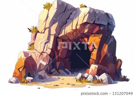 Cartoon cave entrance illustration with tropical jungle plants, fantasy stone cavern opening, adventure nature background design 131207049