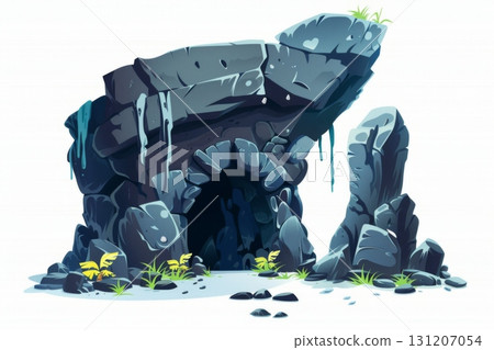 Cartoon cave entrance illustration with tropical jungle plants, fantasy stone cavern opening, adventure nature background design 131207054