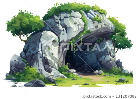 Cartoon cave entrance illustration with tropical jungle plants, fantasy stone cavern opening, adventure nature background design 131207092