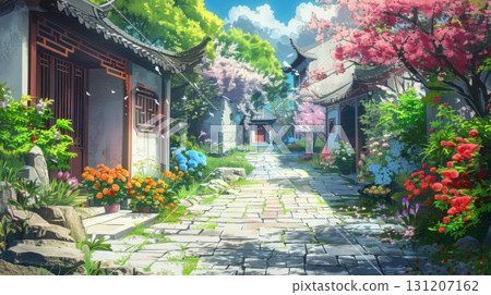 Chinese traditional courtyard with colorful flowers, mountain landscape, autumn foliage, Asian garden architecture scenic fantasy illustration 131207162