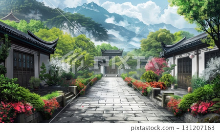 Chinese traditional courtyard with colorful flowers, mountain landscape, autumn foliage, Asian garden architecture scenic fantasy illustration 131207163