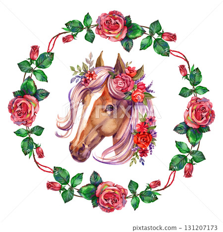 White Horse in floral wreath spring and floral frame, circle, wreath with peonies and roses. Portrait, head. Watercolor Illustration 131207173